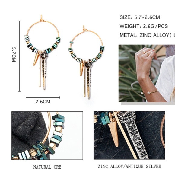 Natural Green Ore Stone Drop Gold Silver Earrings - Picture 3 of 9